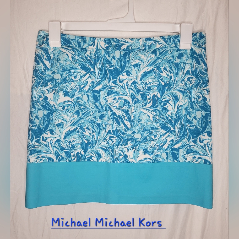 Michael Kors Turquoise Blue Abstract Marble Colorblock Stretch Mini Skirt Size 8